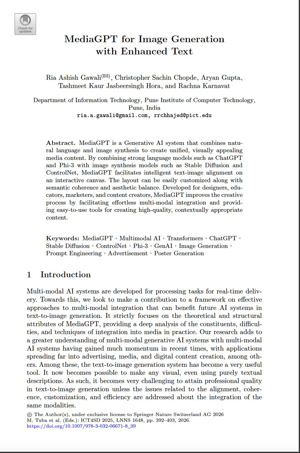 First page of “MediaGPT for Image Generation with Enhanced Text”, showing the title, authors, abstract and keywords.